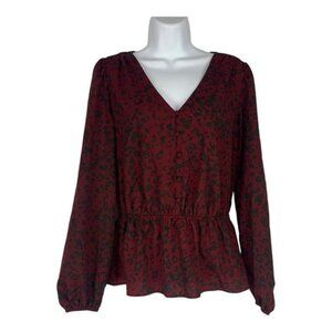 Nine West Womens Red & Black Leopard Print Peplum Blouse Long Sleeve Size Small